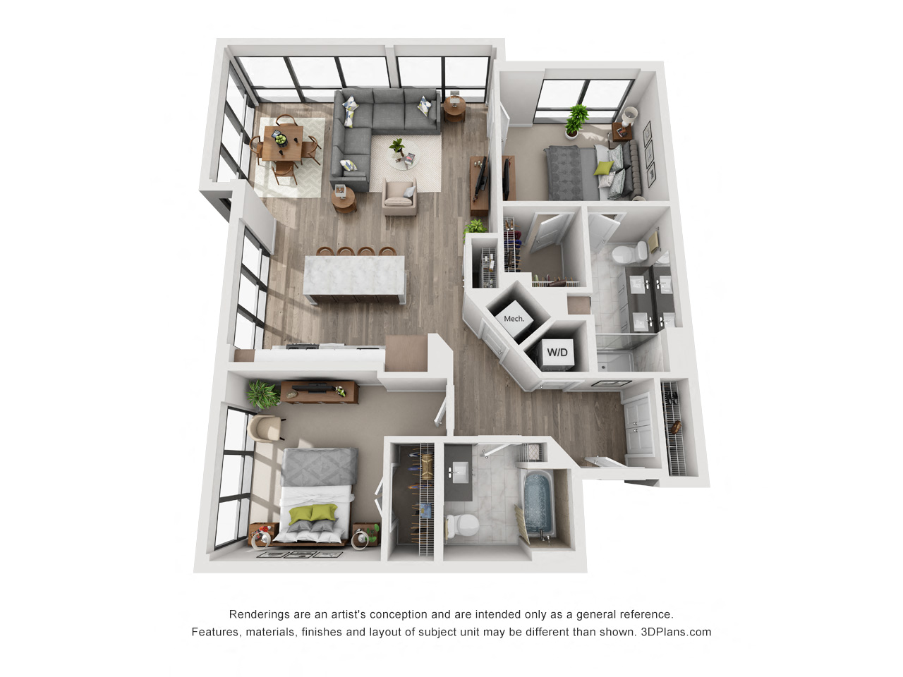 Floor plan for 2 beds, 2 baths, 1153 sqft